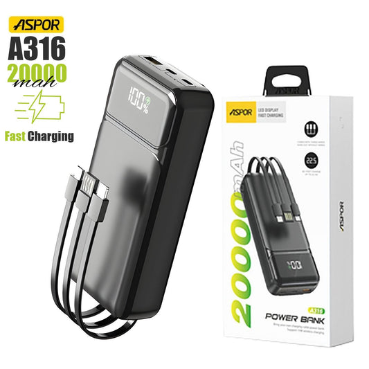 Aspor A316 Power Bank 20000mAh – Fast Charging, Digital Display, Built‑in 3-in-1 Cables