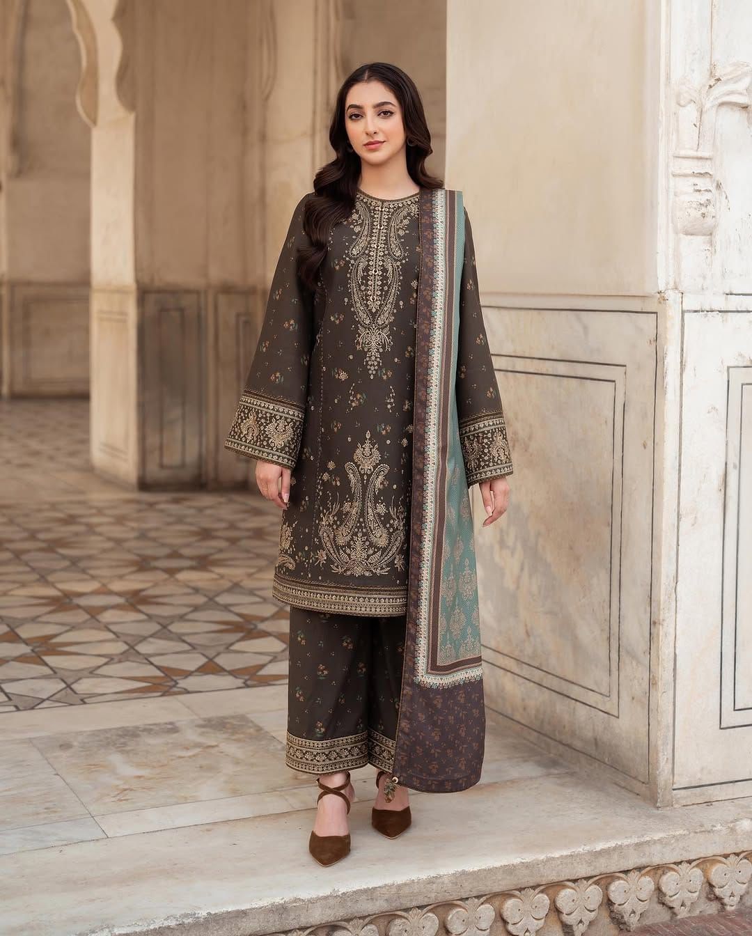 Main Recommended Title: Luxury Dark Brown Heavy Embroidered 3-Piece Palazzo Suit with Teal Dupatta