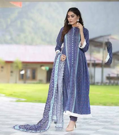 Main Recommended Title: Royal Blue Heavy Border Printed 3-Piece Suit with Flowing Dupatta | Ready to Wear